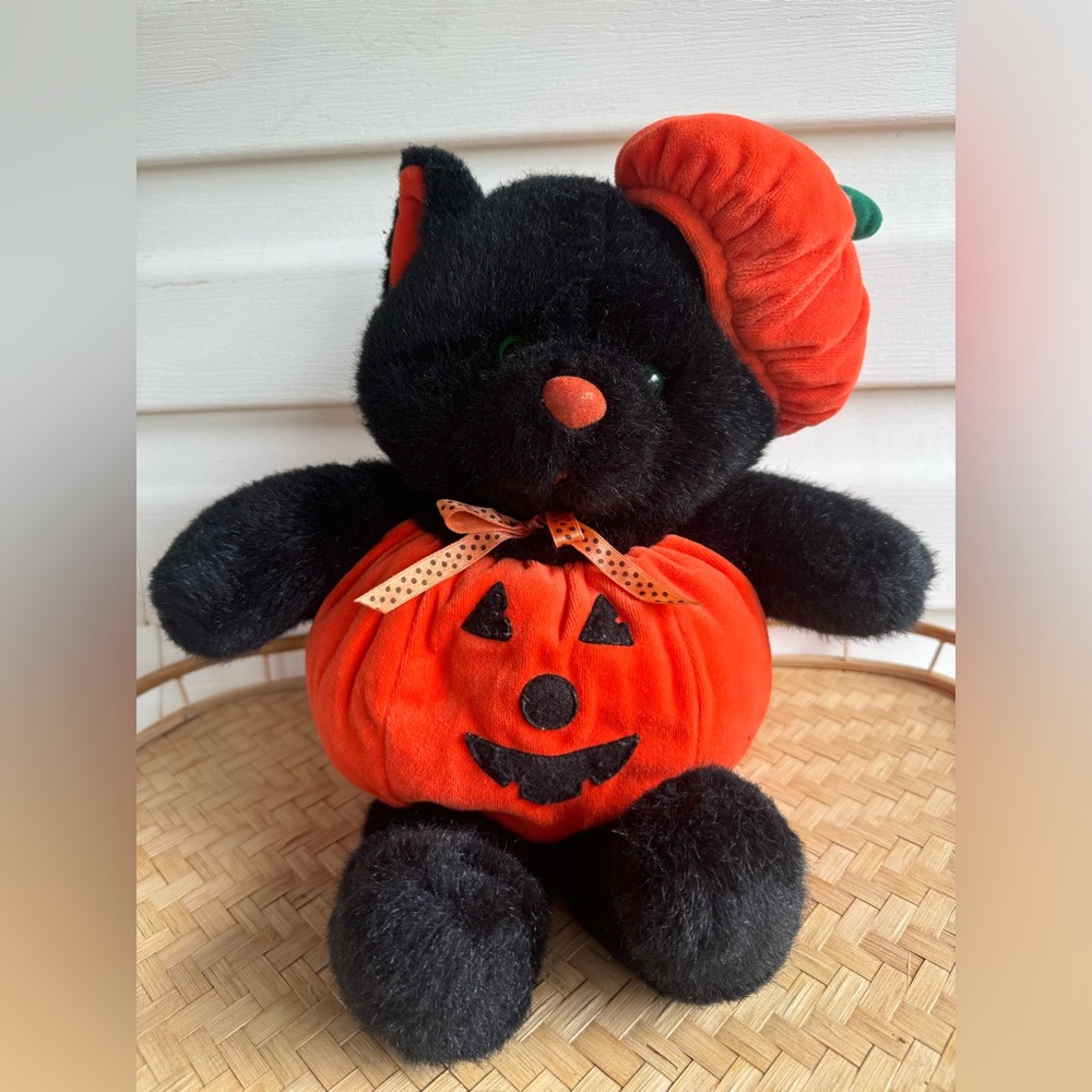 Halloween Black Kitty Cat Plush Jack O Lantern Green Eyes Stuffed Animal 15”